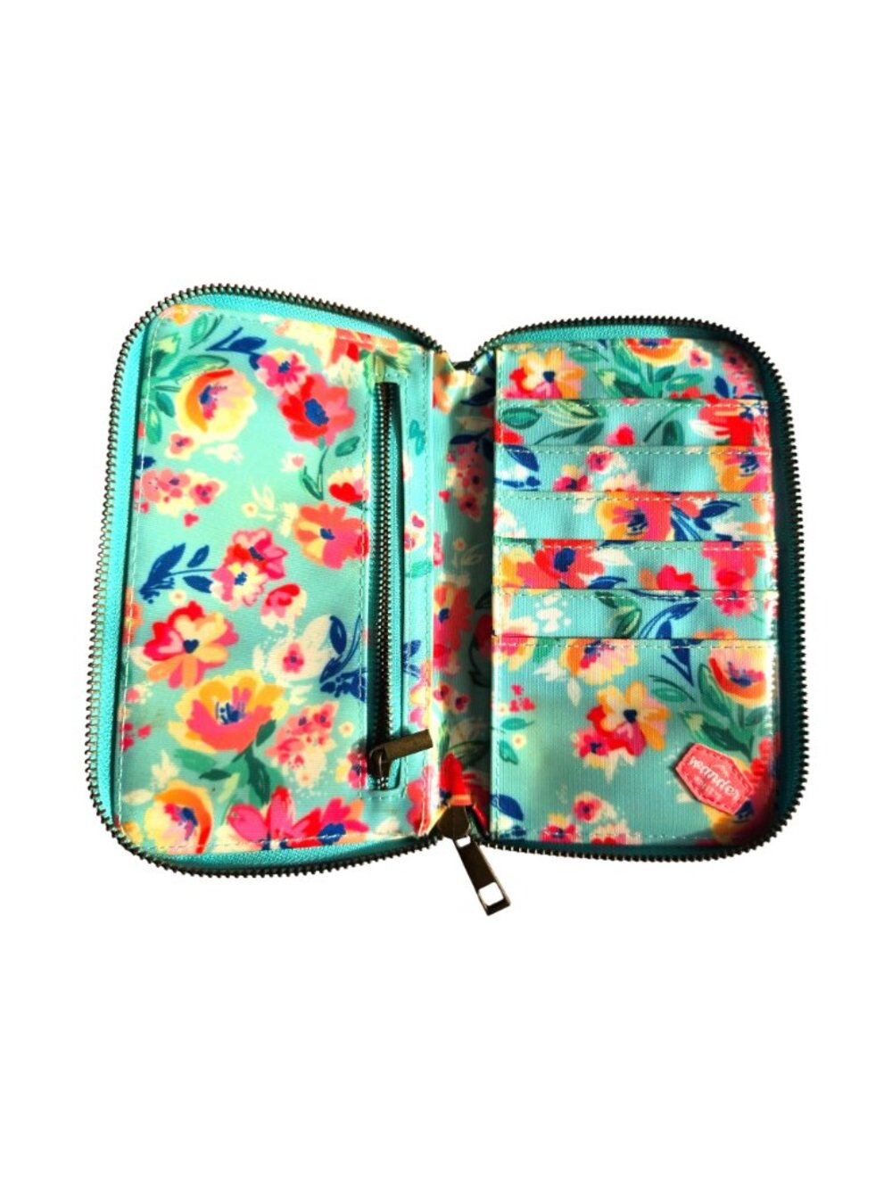 Wander Wallets Aqua Floral Coated Canvas Zip Around Wallet Organizer - Picture 3 of 4